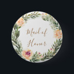 牡丹と葉のフレームの花嫁バッジ 缶バッジ<br><div class="desc">牡丹と紅葉のフレームコレクションと連携するように設計されたこのメイド・オブ・オーナー（花嫁付き添い人）バッジは、牡丹と紅葉のフォント葉を備えたを備えモダンている。レイアウト、フォント、文字サイズの変更など、このデザインの高度なカスタマイズを行うには、上クリックの「」ボタカスタマイズンを使用してください。何か連絡質問があれば私に頼む！</div>