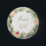 牡丹と葉枠花女バッジ 缶バッジ<br><div class="desc">牡丹と紅葉のフレームコレクションに合わせてデザインされたこのカスタマイズ可能なフラワーガールバッジは、牡丹と紅葉の葉フォントを備えたパッモダンジです。レイアウト、フォント、文字サイズの変更など、このデザインの高度なカスタマイズを行うには、上クリックの「」ボタカスタマイズンを使用してください。何か連絡質問があれば私に頼む！</div>
