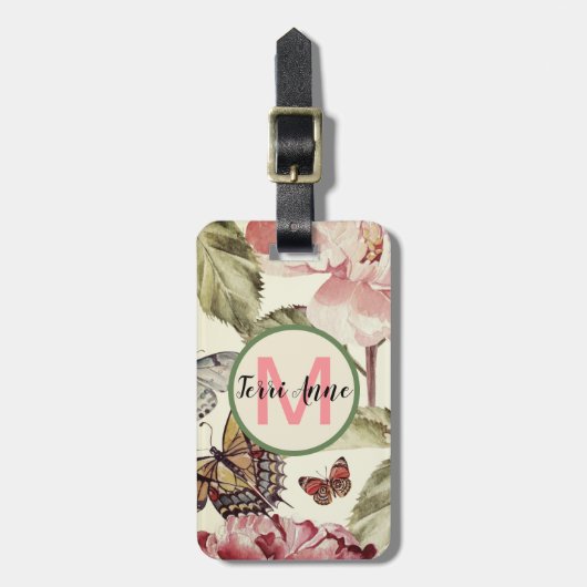 牡丹と蝶と円の中のモノグラム ラゲッジタグ (正面縦)