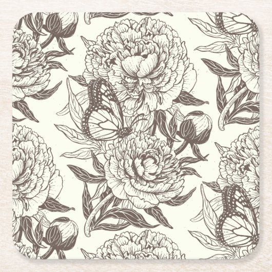 牡丹と蝶はプリントをブロックし、アンバーオフ スクエアペーパーコースター (正面)