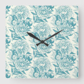 牡丹と蝶はプリント、ラグーンブルーをブロック スクエア壁時計 (正面)