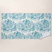 牡丹と蝶はプリント、ラグーンブルーをブロック ビーチタオル (正面)