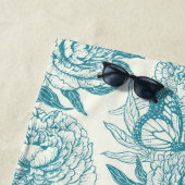 牡丹と蝶はプリント、ラグーンブルーをブロック ビーチタオル (インサイチュ)