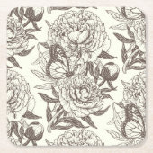 牡丹と蝶はプリント、黒と白をブロック スクエアペーパーコースター (正面)