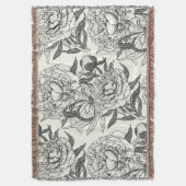 牡丹と蝶はプリント、黒と白をブロック スローブランケット (正面縦)