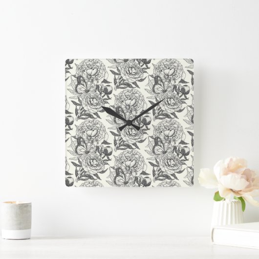 牡丹と蝶はプリント、黒とwhitをブロック スクエア壁時計 (ホーム)
