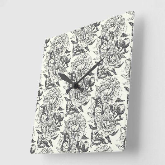 牡丹と蝶はプリント、黒とwhitをブロック スクエア壁時計 (傾斜)