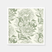 牡丹と蝶ブロックプリント、セージ緑と スタンダードカクテルナプキン (正面)