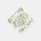 牡丹と蝶ブロックプリント、セージ緑と スタンダードカクテルナプキン (角)