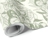 牡丹と蝶ブロックプリント、セージ緑と ラッピングペーパー (ロールコーナー)