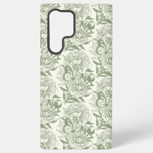 牡丹と蝶ブロックプリント、セージ緑と SAMSUNG GALAXY S22 ULTRAケース