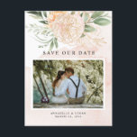 牡丹と金ゴールド花はがきを保存 ポストカード<br><div class="desc">牡丹と金ゴールドのコレクションに合わせて設計されたこのカスタマイズ可能なマッチング保存日付の招待状は、水色の背景に緑の葉を持つ鮮やかなピンクと金ゴールド牡丹の花を特徴とする。写真を自分の写真に変えて下さい。このデザインの高度なカスタマイズについてクリックは、上の「カスタマイズ」ボタンをクリックして下さい。なお、金ゴールド箔は印刷効果であり、物理箔ではない。何か連絡質問があれば私に頼む！</div>