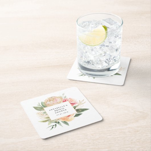 牡丹と金ゴールド花ブライダルシャワーコースター スクエアペーパーコースター (インサイチュ)