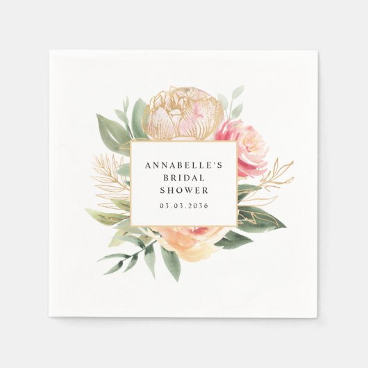 牡丹と金ゴールド花ブライダルシャワーナプキン スタンダードカクテルナプキン (正面)