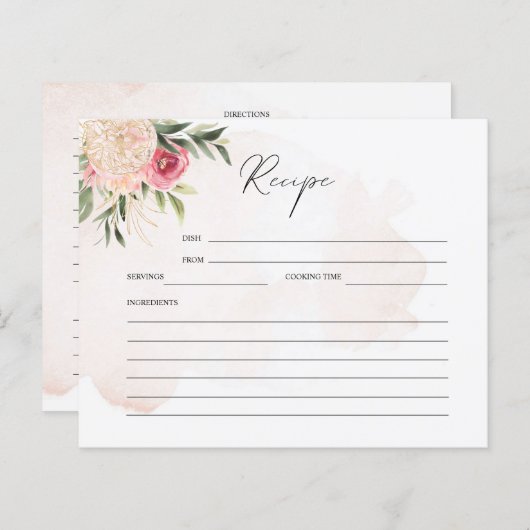 牡丹と金ゴールド花ブライダルシャワーレシピカード (正面/裏面)
