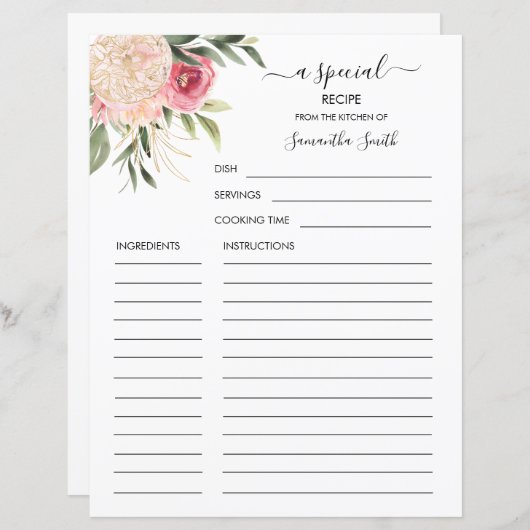 牡丹と金ゴールド花名レシピカード (正面/裏面)