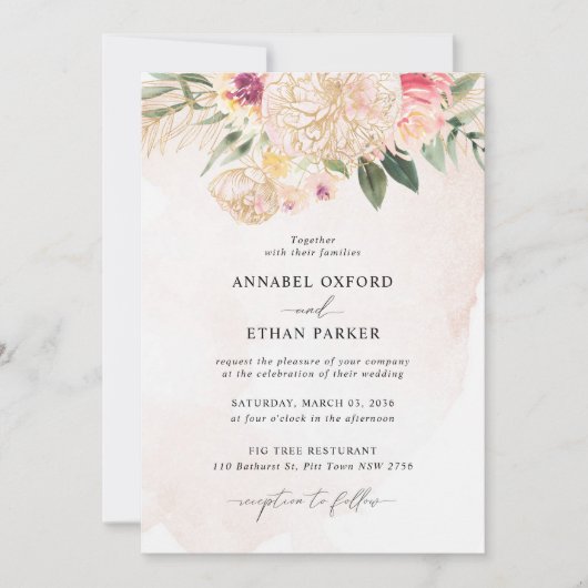 牡丹と金ゴールド花結婚式招待状 招待状 (正面)