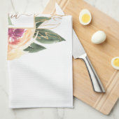 牡丹と金箔開花モノグラム名 キッチンタオル (四つ折り)