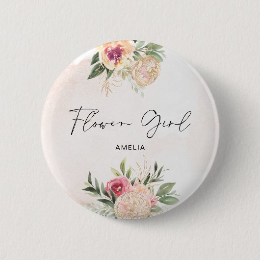 牡丹と金箔開花花少女バッジ 缶バッジ (正面)