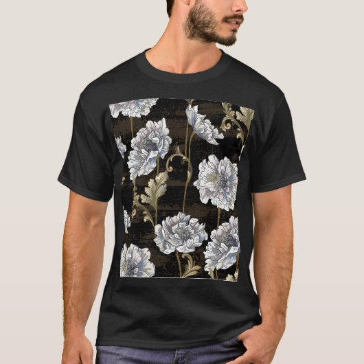 牡丹の優雅さ:バロック様式の金ゴールド渦巻き Tシャツ (正面)