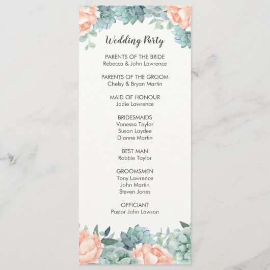 牡丹の多肉植物の葉の結婚式 プログラム (裏面)