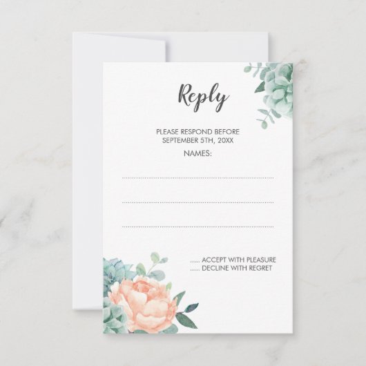 牡丹の多肉質結婚水色の返信カード 出欠カード (正面)