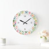牡丹の水彩色イラストレーション模様 ラージ壁時計 (ホーム)