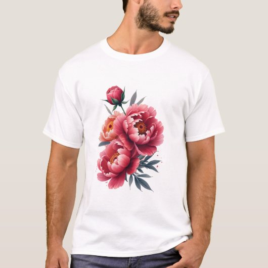 牡丹の水色スプラッシュ – はっきりしたフローラ式 Tシャツ (正面)