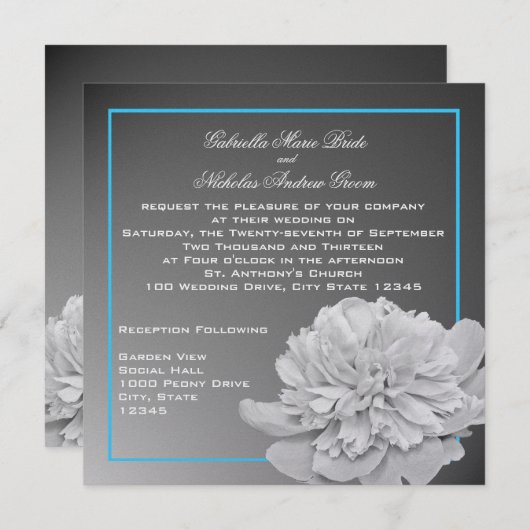 牡丹の白と黒とカスタマイズ可能な色 招待状 (正面/裏面)