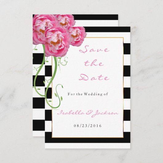 牡丹の花が白と黒のストライプ花 セーブザデート (正面/裏面)