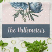 牡丹の花が青と白にピンクと青 キッチンタオル (折り畳み)