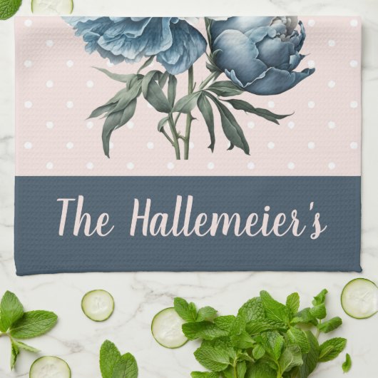 牡丹の花が青と白にピンクと青 キッチンタオル (折り畳み)