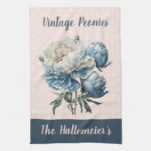 牡丹の花が青と白にピンクと青 キッチンタオル (縦)