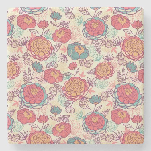 牡丹の花と葉の模様 ストーンコースター (正面)