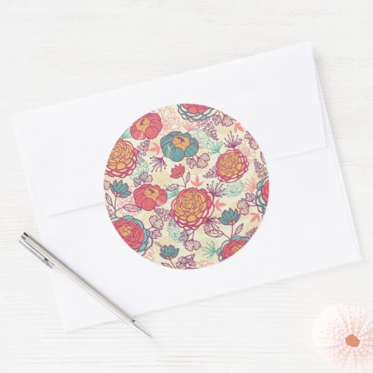 牡丹の花と葉の模様 ラウンドシール (封筒)