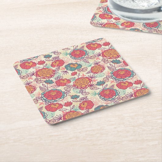 牡丹の花と葉花柄 スクエアペーパーコースター (アングル)