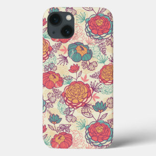 牡丹の花と葉花柄 iPhone 13ケース
