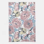 牡丹の花と鳥 キッチンタオル (縦)