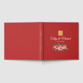 牡丹の花の二重の喜びの中国の結婚式の赤 ゲストブック (全面)