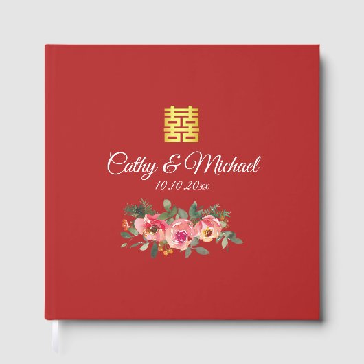 牡丹の花の二重の喜びの中国の結婚式の赤 ゲストブック (正面)