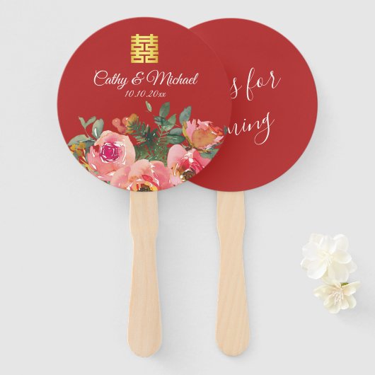 牡丹の花の二重の喜びの中国の結婚式の赤 ハンドファン (正面&裏面)