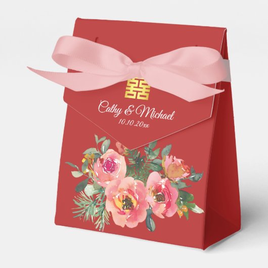 牡丹の花の二重の喜びの中国の結婚式の赤 フェイバーボックス (正面サイド)