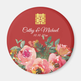牡丹の花の二重の喜びの中国の結婚式の赤 マグネット