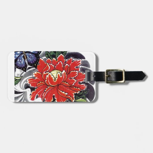 牡丹の花の和彫りデザイン ラゲッジタグ (正面横)