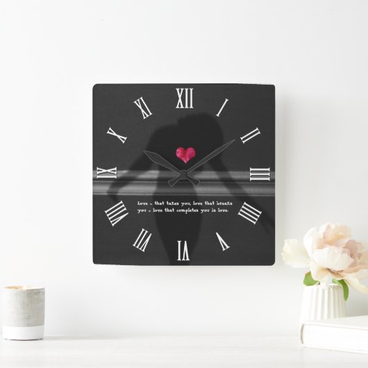 牡丹の花を持つ女性のシルエットハート/愛 スクエア壁時計 (ホーム)