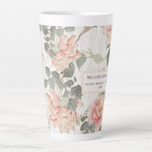 牡丹の花アジアの影響赤面ピンクナナ名 カフェラテマグ (正面)