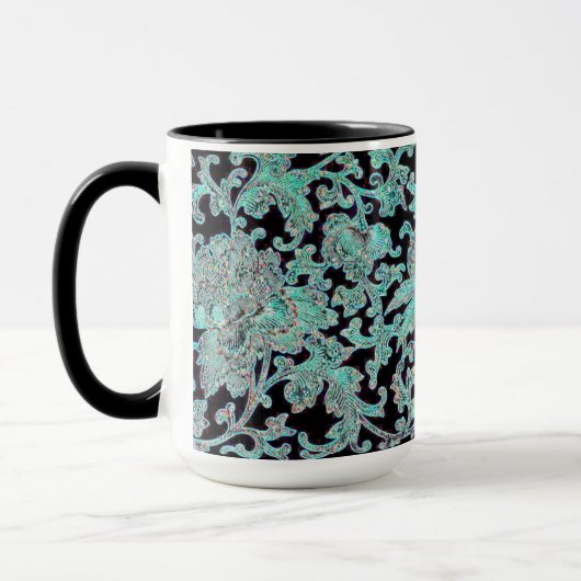 牡丹の花ターコイズ黒ヴィンテージ模様 マグカップ (左)