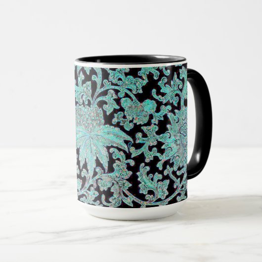 牡丹の花ターコイズ黒ヴィンテージ模様 マグカップ (正面右)