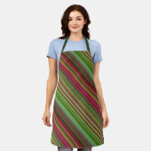 牡丹の花ピンクと緑のストライプ エプロン (着用した状態)