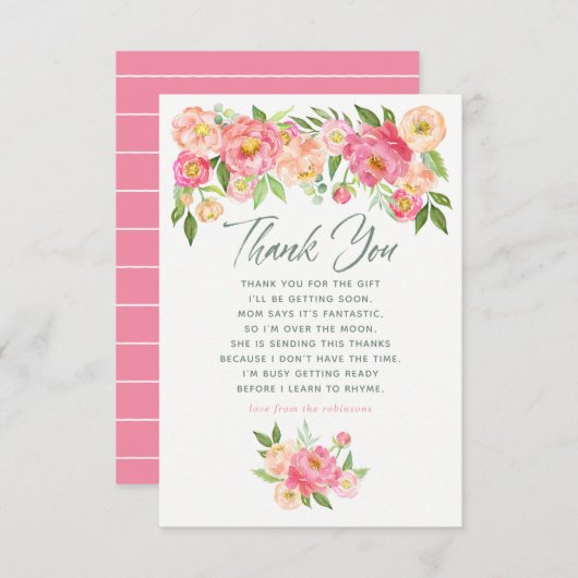 牡丹の花春赤ちゃんシャワーありがとう サンキューカード (正面/裏面)